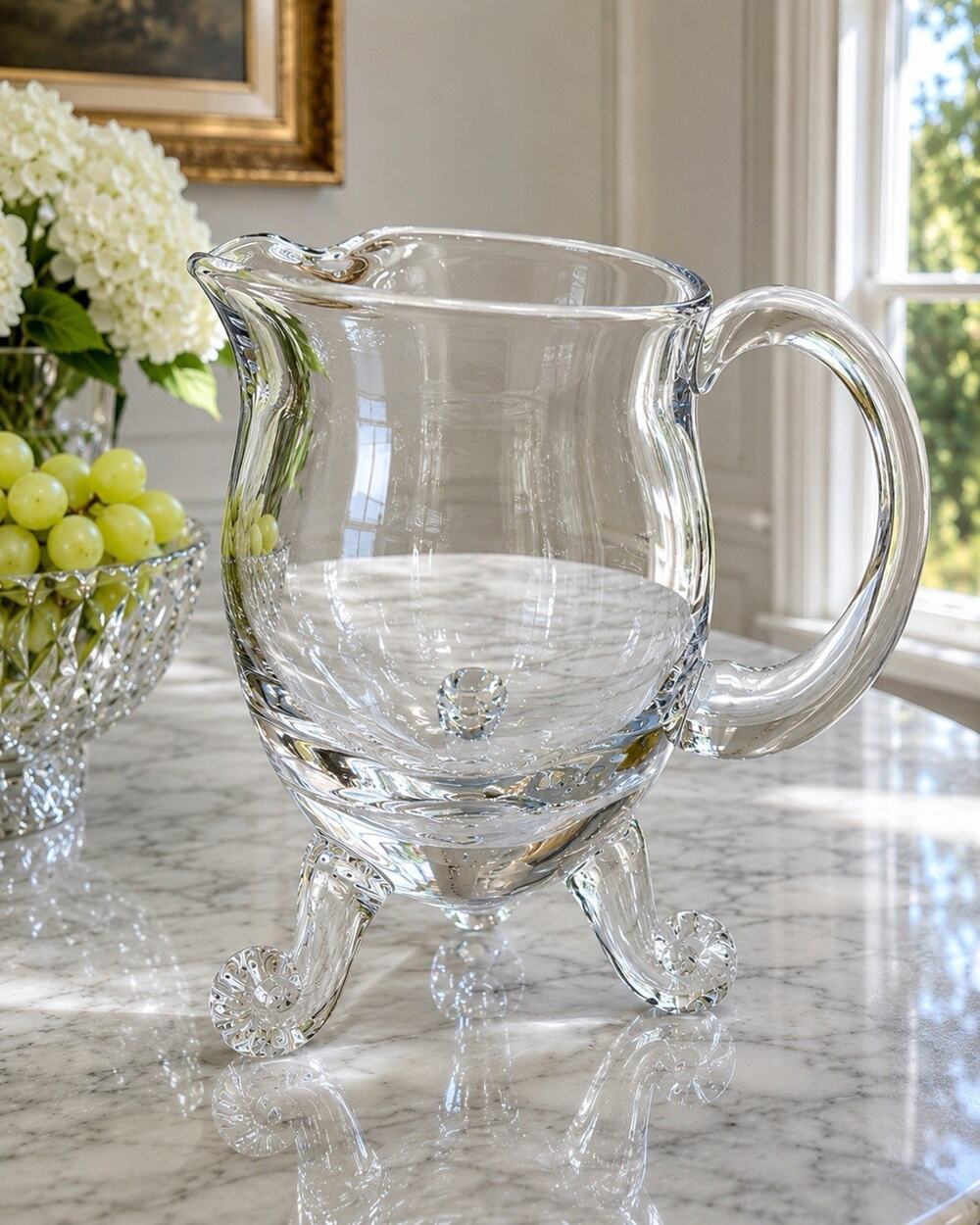 Heavy Art Glass Pitcher Clear Tripod Footed Hand Blown 8.5” Tall Mint